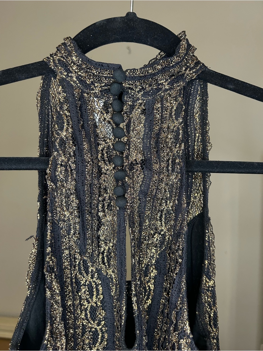 Free People Black Gold Lace Mini Dress XS Boho Party Glam Night Out Date Sexy - Picture 3 of 6